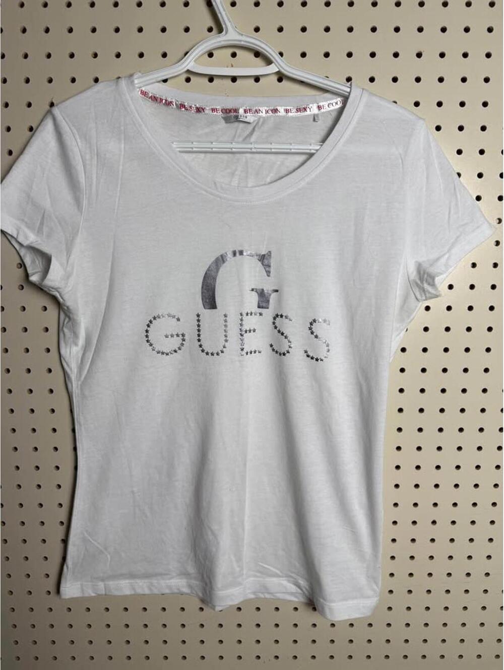 Guess White T-shirt with Silver Star Logo women’s small